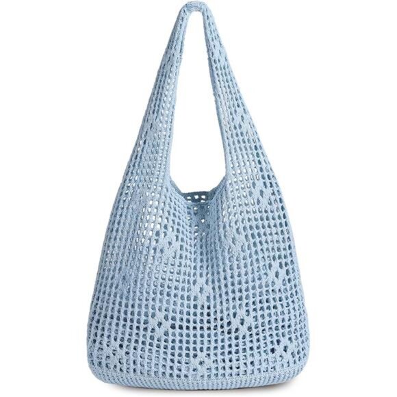 Handbags - Crochet Tote Bag, Mesh Beach Bag Blue